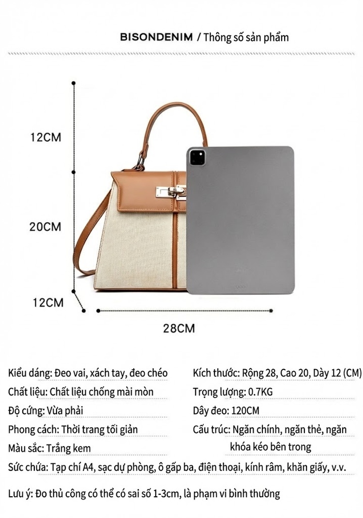 Túi Xách Tay Nữ Vải Canvas Phối Da Cao Cấp Kelly Khóa Cài Màu Nâu, Trắng chi tiết 2