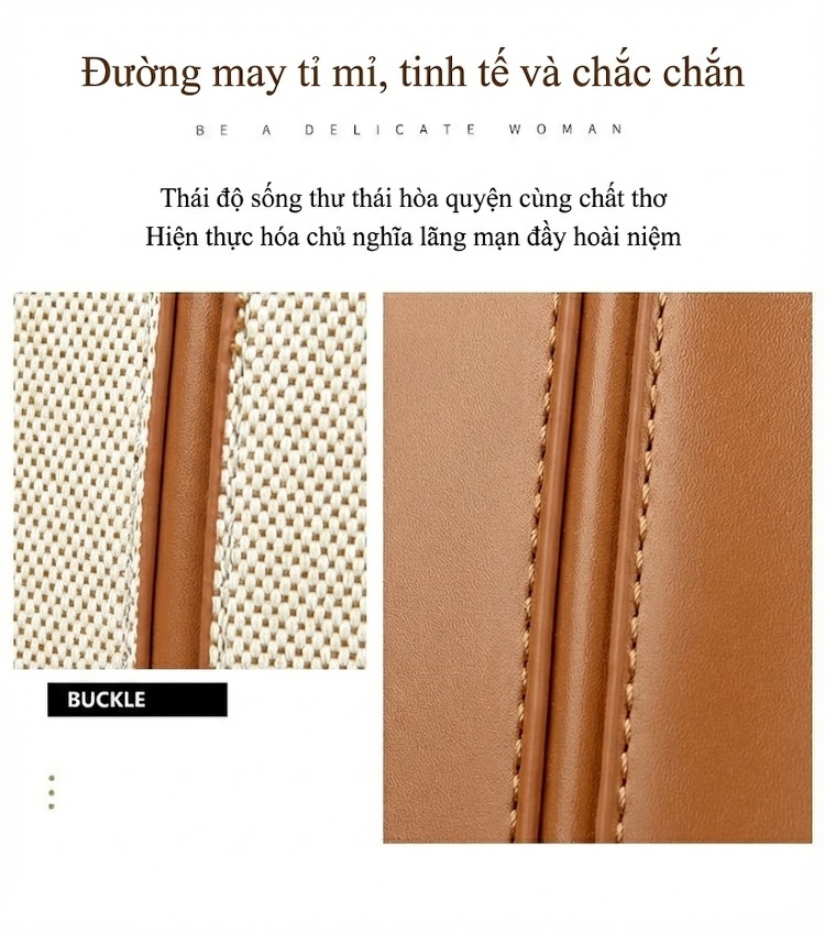 Túi Xách Tay Nữ Vải Canvas Phối Da Cao Cấp Kelly Khóa Cài Màu Nâu, Trắng chi tiết 6