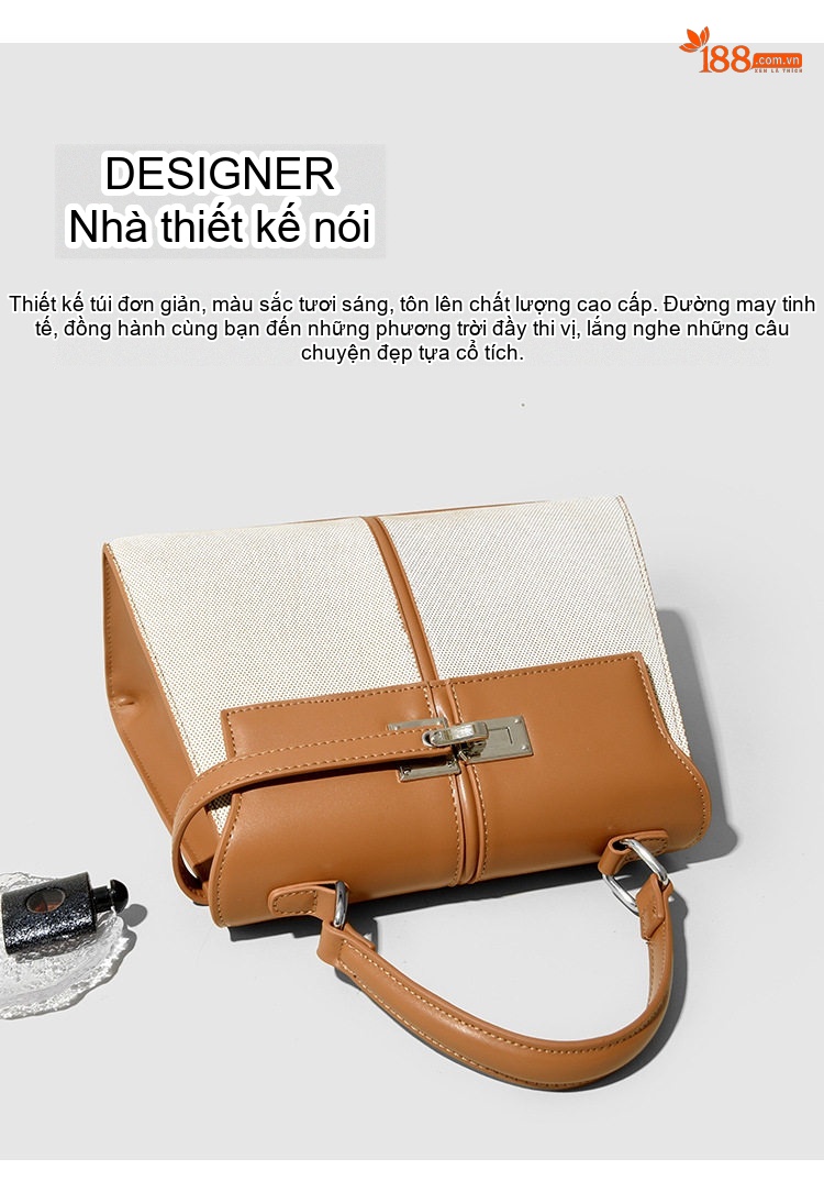 Túi Xách Tay Nữ Vải Canvas Phối Da Cao Cấp Kelly Khóa Cài Màu Nâu, Trắng chi tiết 11