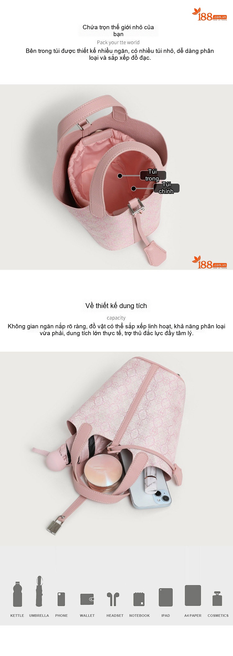 Túi Xách Tay Nữ Vải Canvas Phong Cách Trung Hoa Túi Bucket Kèm Túi Nhỏ Màu Hồng chi tiết 4