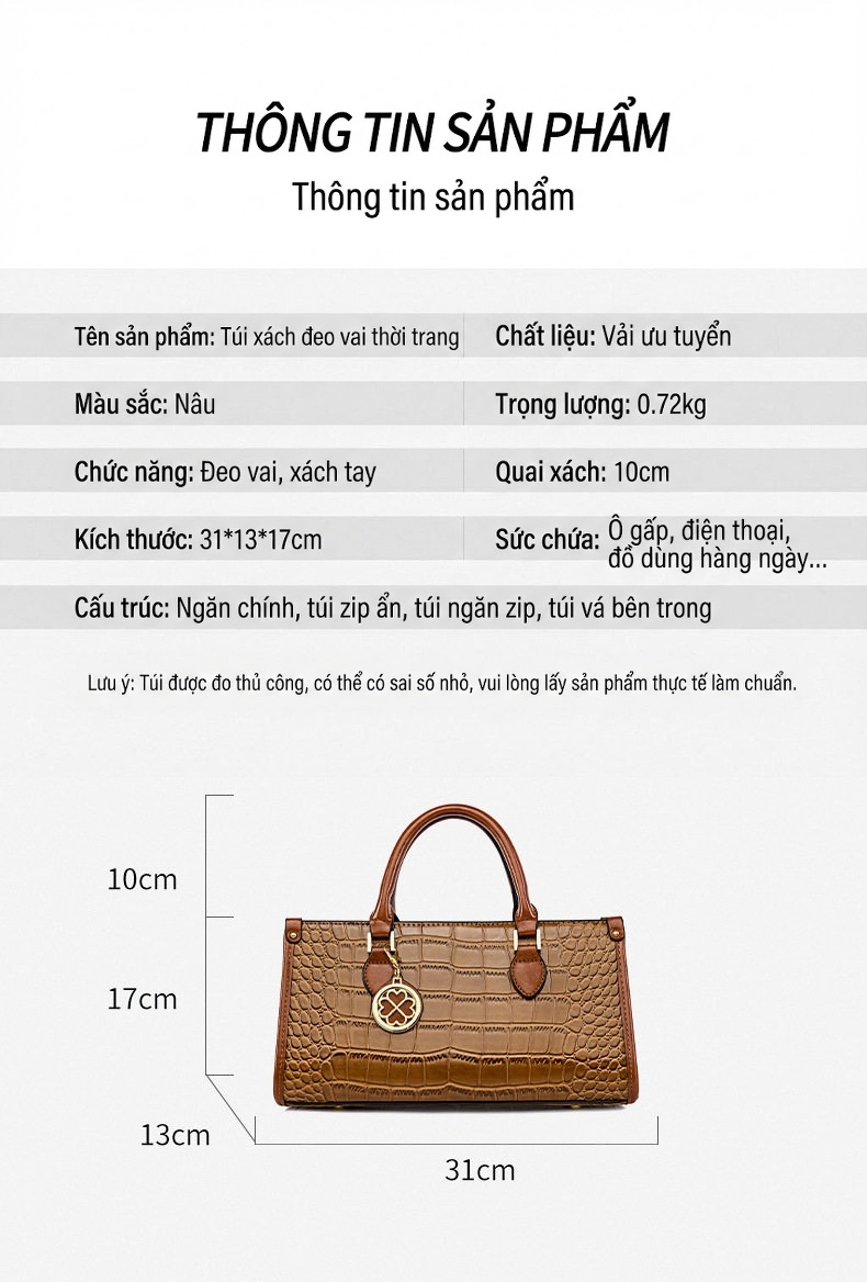Túi Xách Tay Nữ Vân Cá Sấu Đeo Vai, Đeo Chéo Phong Cách Âu Mỹ Màu Nâu chi tiết 4