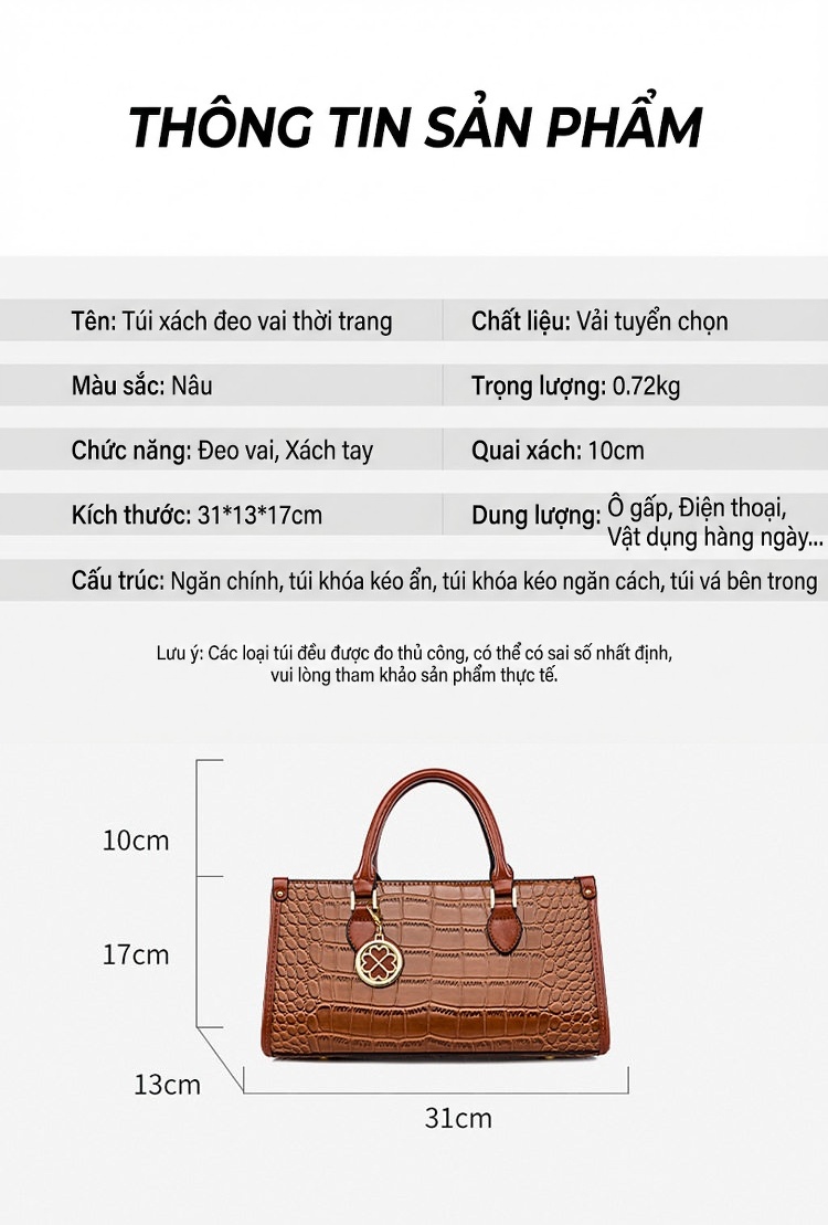 Túi Xách Tay Nữ Vân Cá Sấu Đeo Vai, Đeo Chéo Phong Cách Âu Mỹ Màu Nâu chi tiết 15