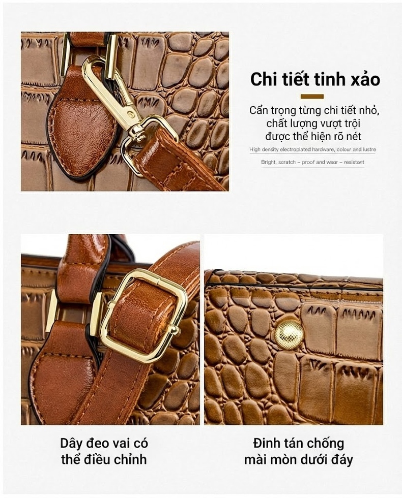 Túi Xách Tay Nữ Vân Cá Sấu Đeo Vai, Đeo Chéo Phong Cách Âu Mỹ Màu Nâu chi tiết 9