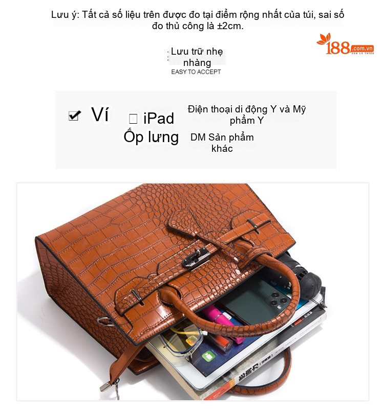 Túi Xách Tay Nữ Vân Cá Sấu Thời Trang, Túi Đeo Chéo Nữ Da Vân Cá Sấu Sức Chứa Lớn Bộ 3 Món Màu Nâu chi tiết 10