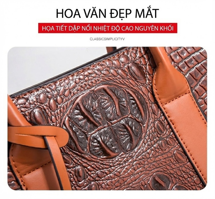 Túi Xách Tay Nữ Vân Cá Sấu Thời Trang, Túi Đeo Vai Nữ Lớn 3 Món Màu Nâu chi tiết 5
