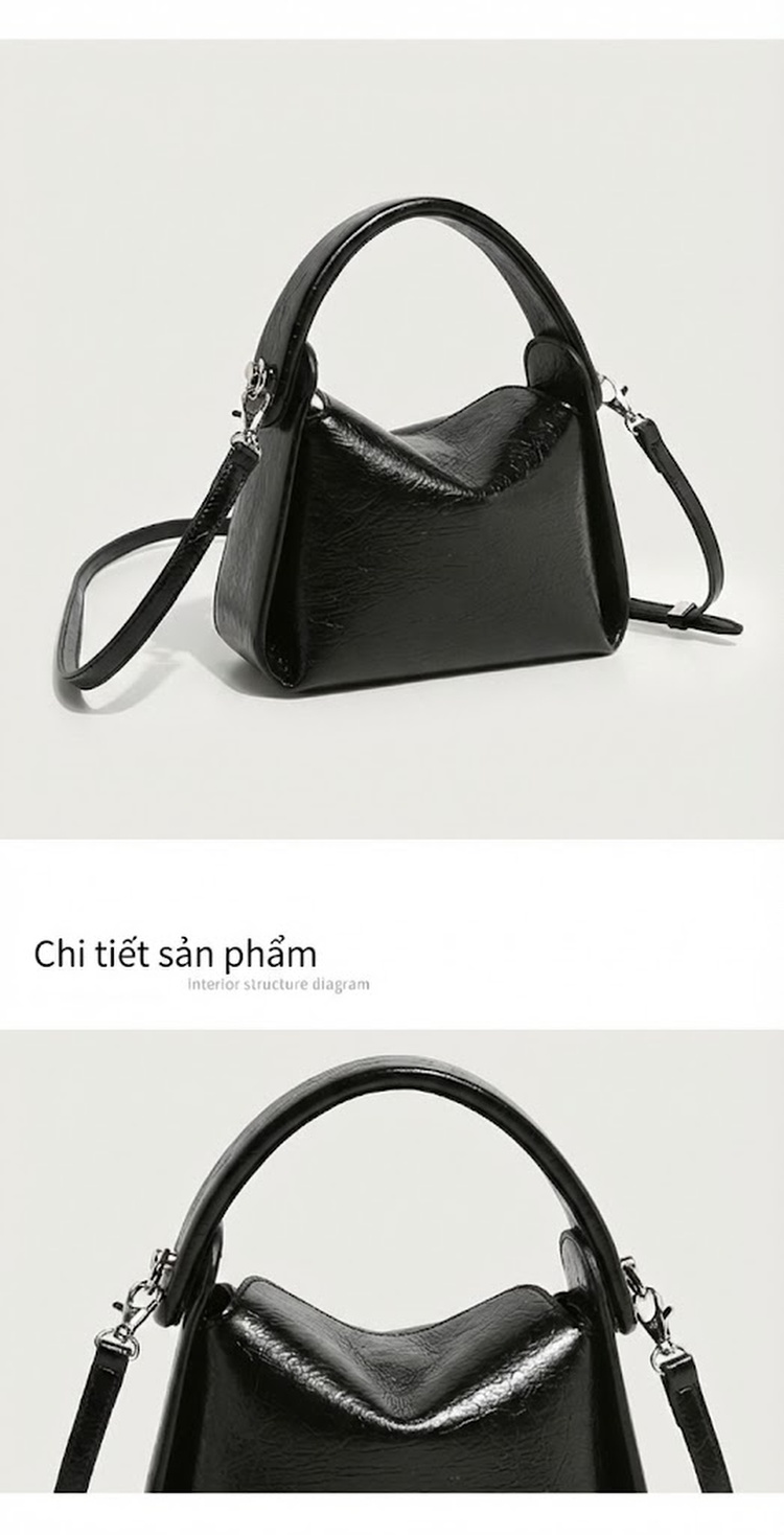 Túi Xách Tay Nữ Vân Nứt Da Bóng Mini Đeo Vai Đeo Chéo Màu Bạc, Đen chi tiết 15