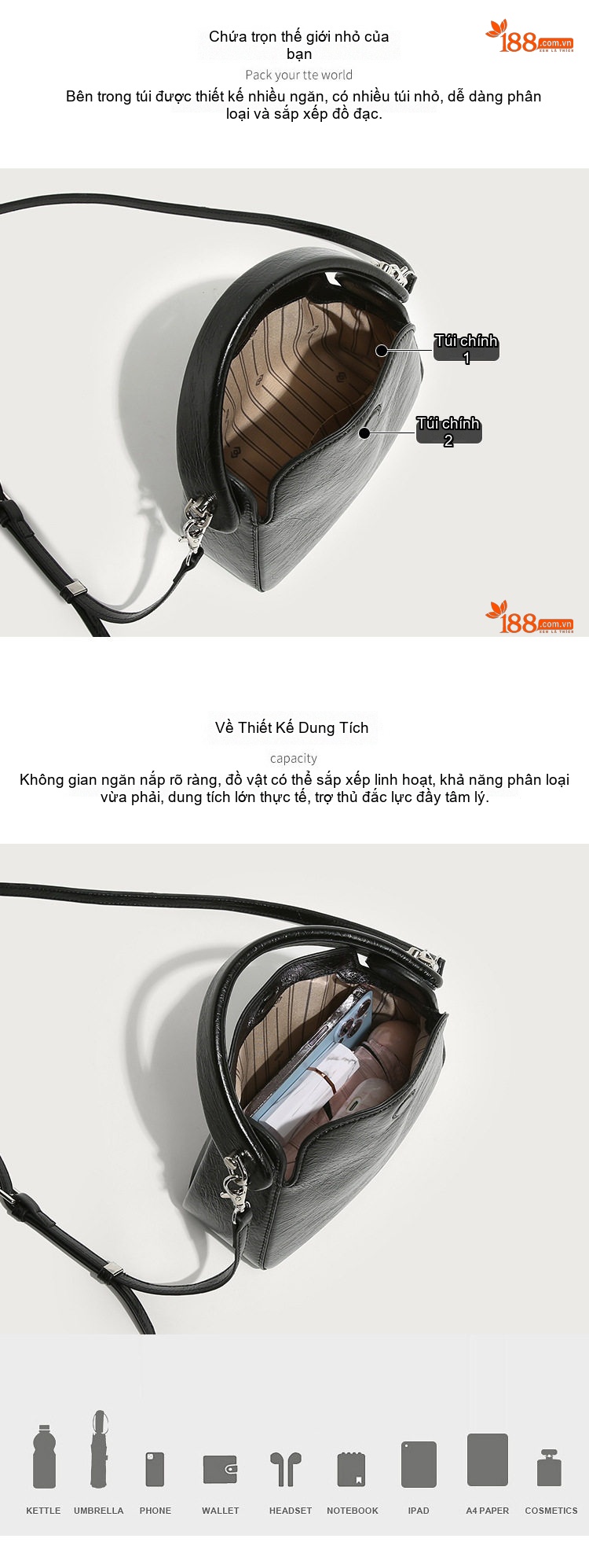 Túi Xách Tay Nữ Vân Nứt Da Bóng Mini Đeo Vai Đeo Chéo Màu Bạc, Đen chi tiết 4