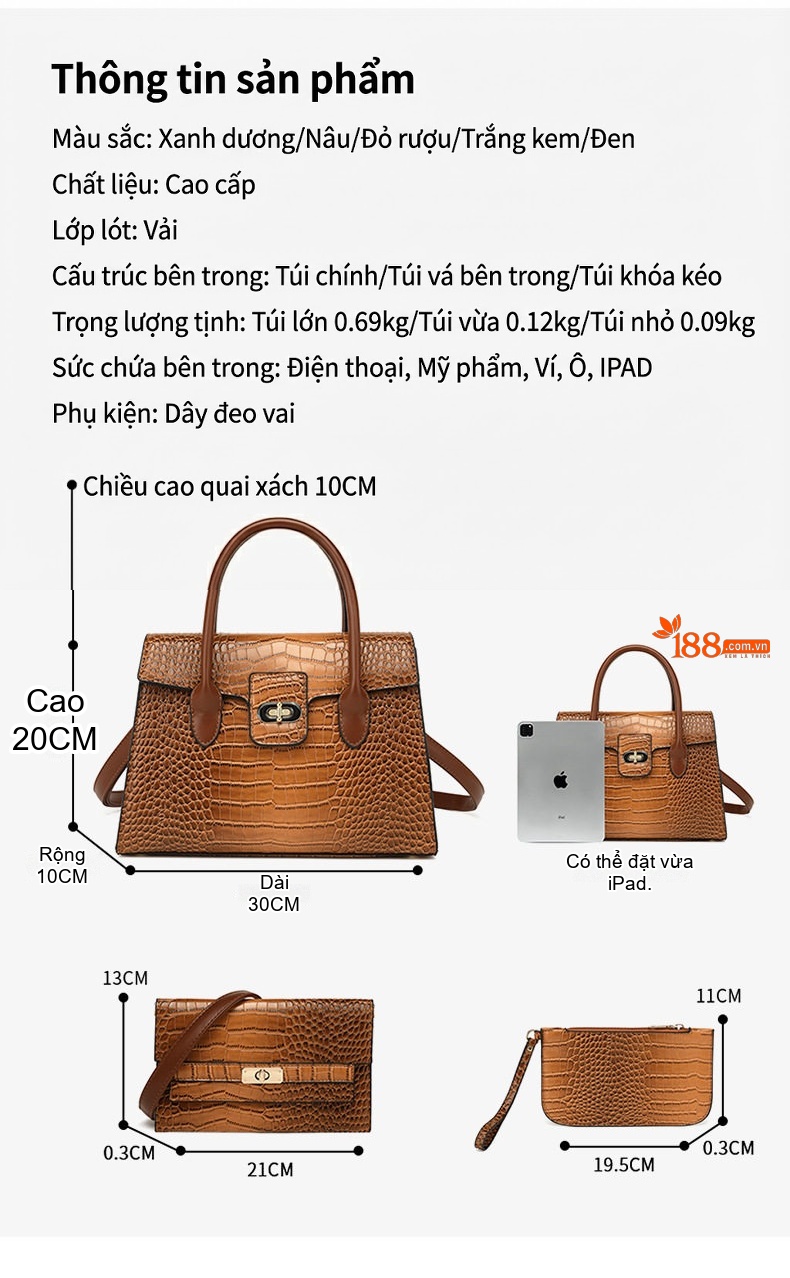 Túi Xách Tay Tote Nữ Vân Cá Sấu Thời Trang Cao Cấp Màu Nâu, Đỏ, Xám, Xanh... chi tiết 5