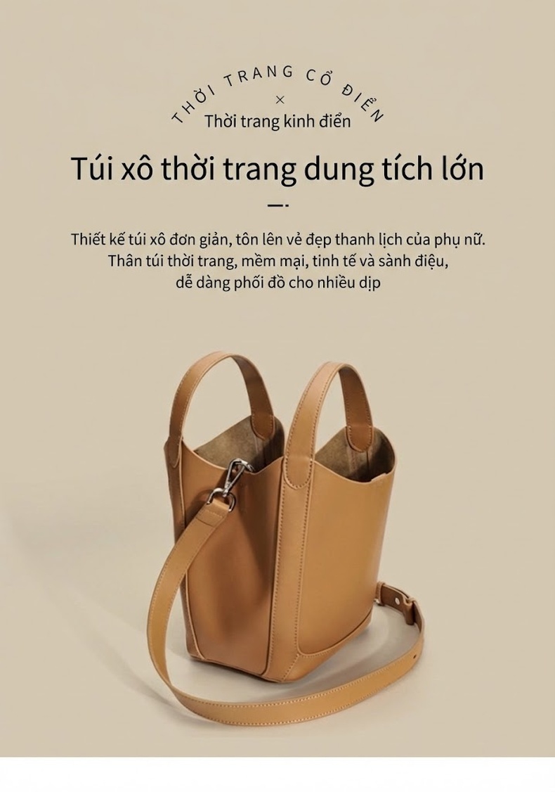 Túi Xô Nữ Da Bò Đeo Vai, Đeo Chéo, Dung Tích Lớn Phong Cách Tiểu Thư Kèm Túi Nhỏ Màu Nâu chi tiết 3