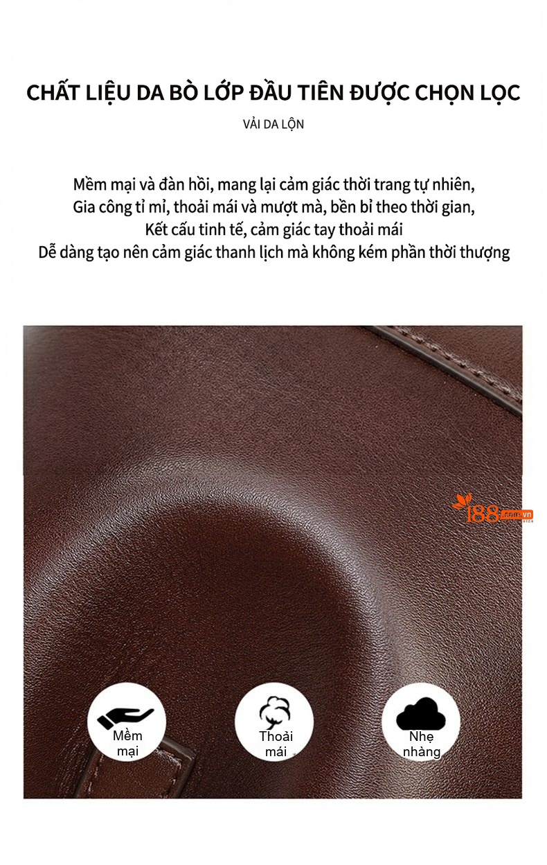 Túi Xô Nữ Da Thật Đeo Vai, Đeo Chéo, Xách Tay Phong Cách Cổ Điển Màu Nâu chi tiết 5