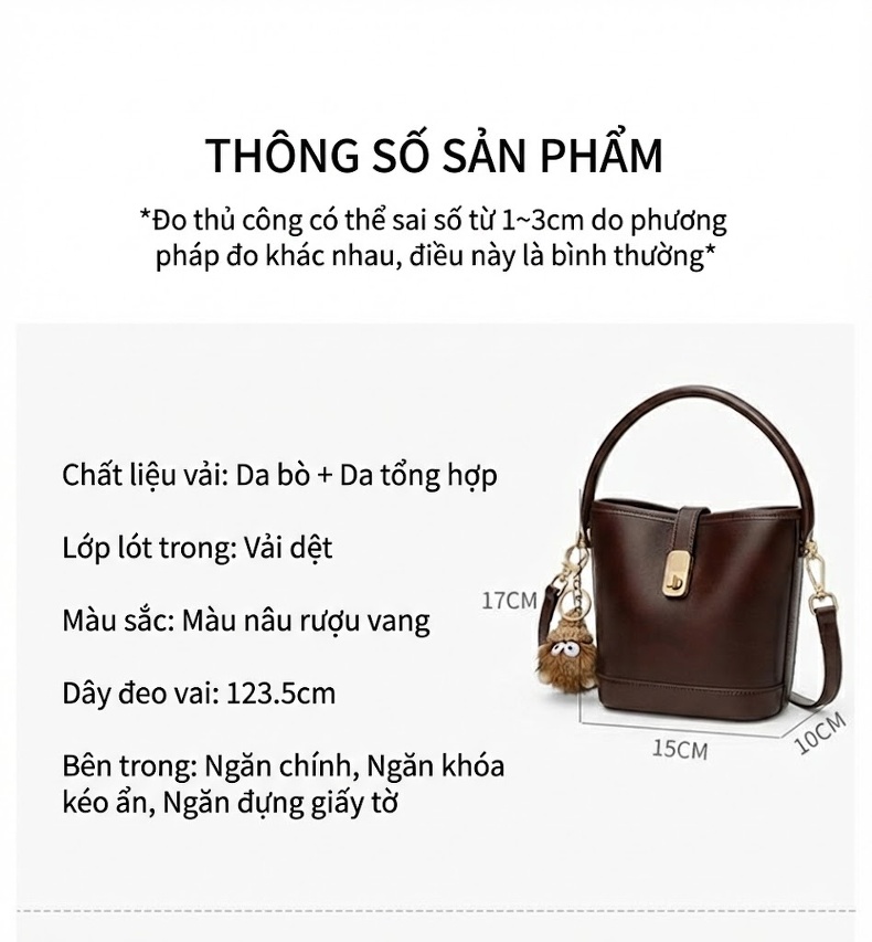 Túi Xô Nữ Da Thật Đeo Vai, Đeo Chéo, Xách Tay Phong Cách Cổ Điển Màu Nâu chi tiết 7