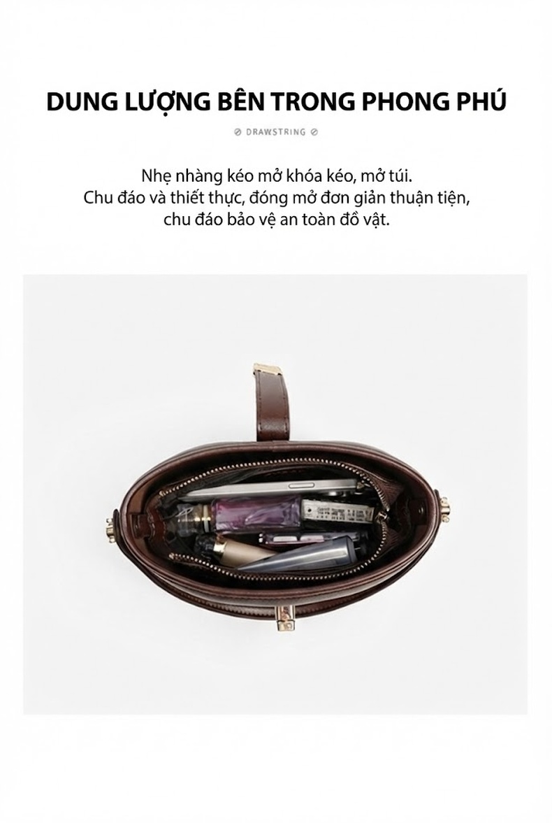 Túi Xô Nữ Da Thật Đeo Vai, Đeo Chéo, Xách Tay Phong Cách Cổ Điển Màu Nâu chi tiết 9