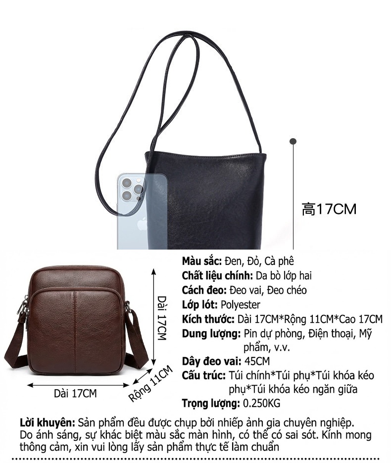 Túi Xô Nữ Da Thật Mini Đeo Vai/Đeo Chéo Phong Cách Thời Trang Màu Nâu, Đen, Cam chi tiết 10