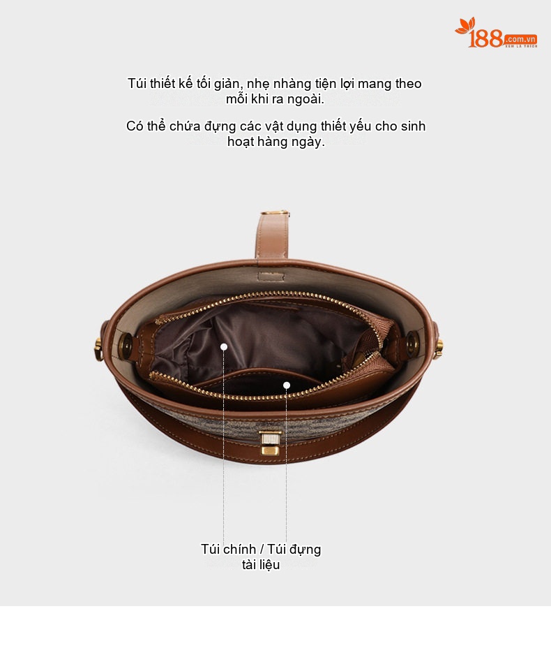Túi Xô Nữ Da Vân Họa Tiết Khóa Gài Cao Cấp Đeo Chéo, Đeo Vai, Xách Tay Màu Nâu, Be chi tiết 6