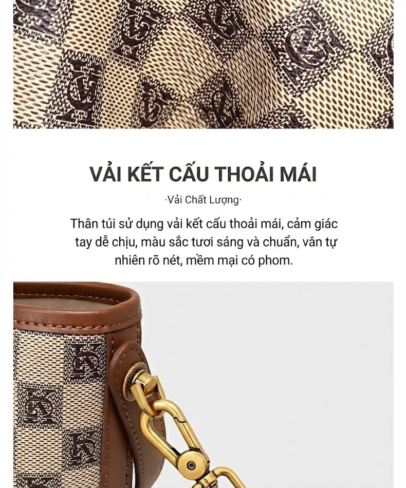 Túi Xô Nữ Da Vân Họa Tiết Khóa Gài Cao Cấp Đeo Chéo, Đeo Vai, Xách Tay Màu Nâu, Be chi tiết 10