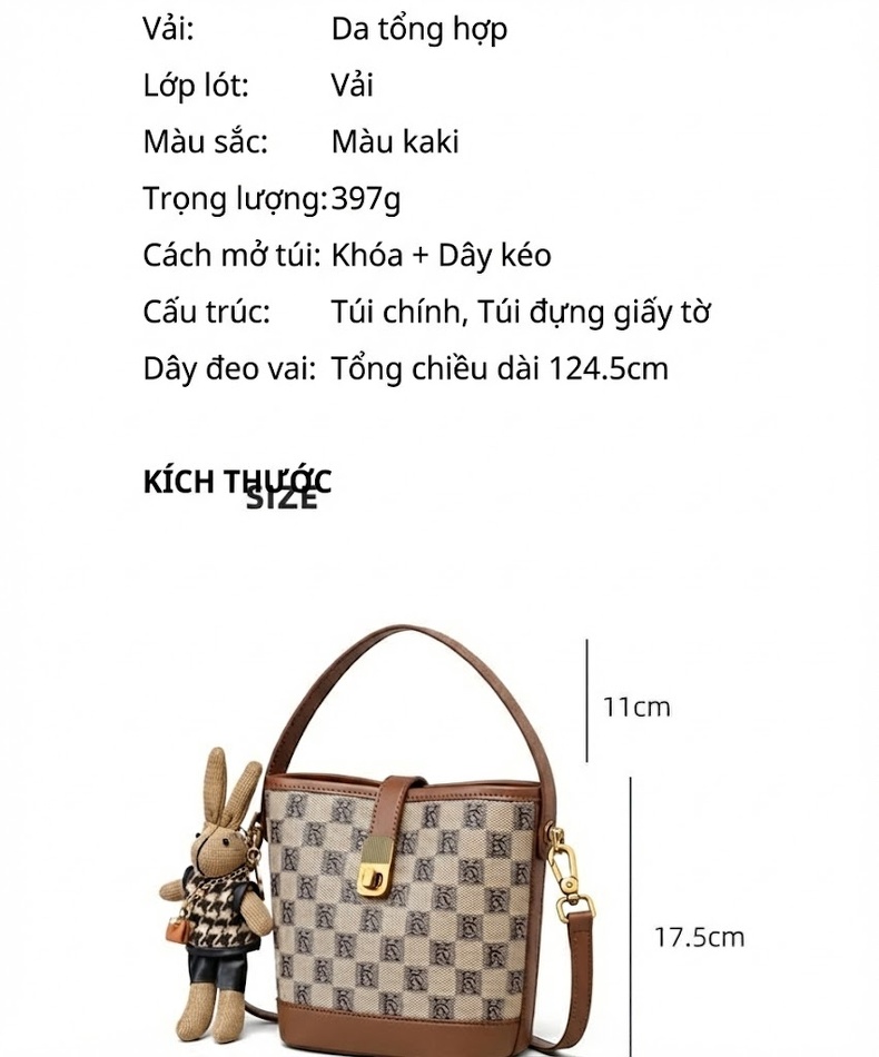 Túi Xô Nữ Da Vân Họa Tiết Khóa Gài Cao Cấp Đeo Chéo, Đeo Vai, Xách Tay Màu Nâu, Be chi tiết 3