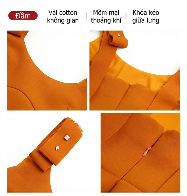 Váy A Chữ Nữ Tính Dáng Ngắn Tay Sát Nách Phong Cách Tiểu Thư Màu Đen, Cam chi tiết 3