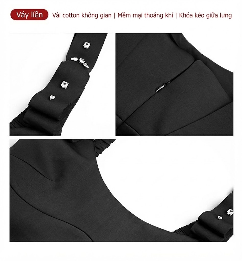 Váy A Chữ Nữ Tính Dáng Ngắn Tay Sát Nách Phong Cách Tiểu Thư Màu Đen, Cam chi tiết 4