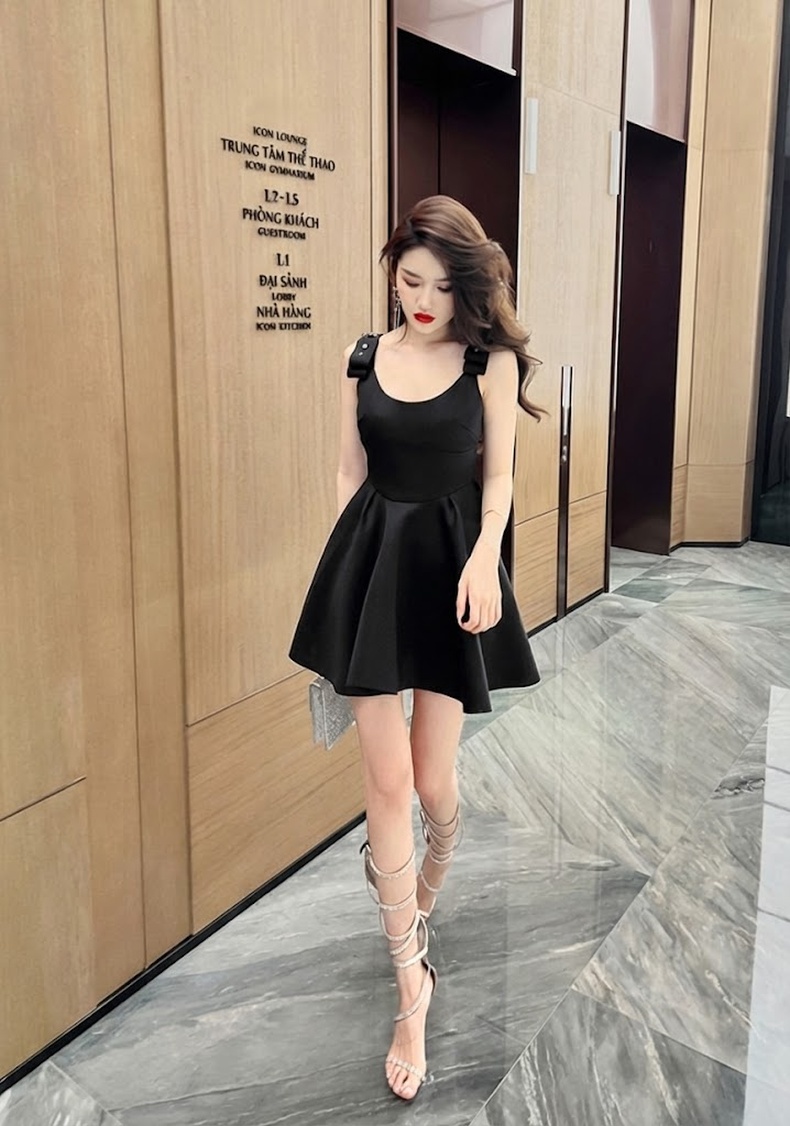 Váy A Chữ Nữ Tính Dáng Ngắn Tay Sát Nách Phong Cách Tiểu Thư Màu Đen, Cam chi tiết 17