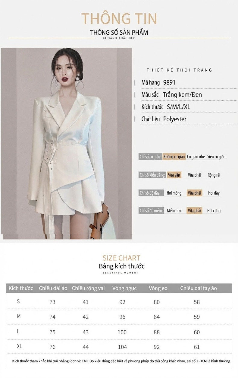Váy Blazer Nữ Dài Tay Chiết Eo Thiết Kế Bất Đối Xứng Phong Cách Rider Màu Trắng, Đen chi tiết 1