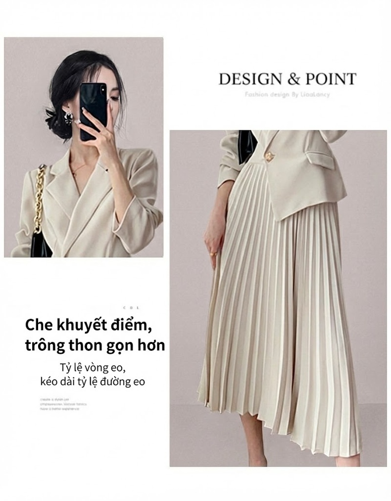 Váy Blazer Nữ Dáng Dài Xòe Liền Thân Công Sở Màu Be chi tiết 3