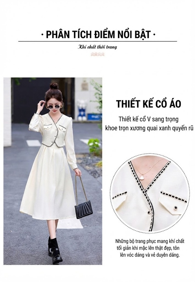 Váy Bộ Tiểu Thư Thu Đông Thiết Kế Áo Khoác Và Váy Dài Tay Màu Đen, Trắng chi tiết 5
