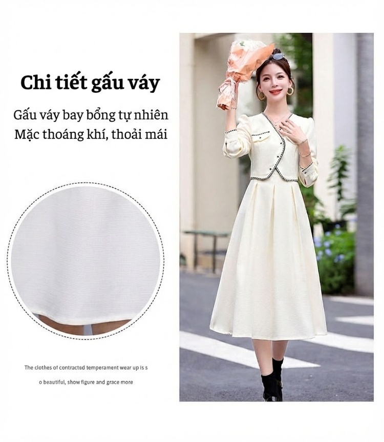 Váy Bộ Tiểu Thư Thu Đông Thiết Kế Áo Khoác Và Váy Dài Tay Màu Đen, Trắng chi tiết 7