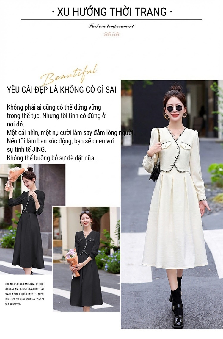 Váy Bộ Tiểu Thư Thu Đông Thiết Kế Áo Khoác Và Váy Dài Tay Màu Đen, Trắng chi tiết 4