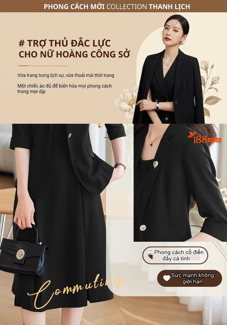 Váy Bộ Vest Công Sở Nữ Tay Lỡ Thanh Lịch Màu Đen, Trắng, Xanh chi tiết 4