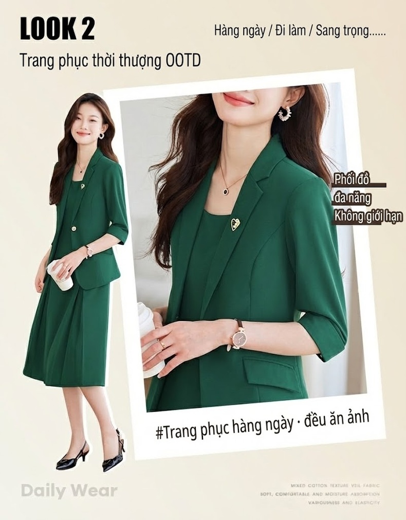 Váy Bộ Vest Công Sở Nữ Tay Lỡ Thanh Lịch Màu Đen, Trắng, Xanh chi tiết 2
