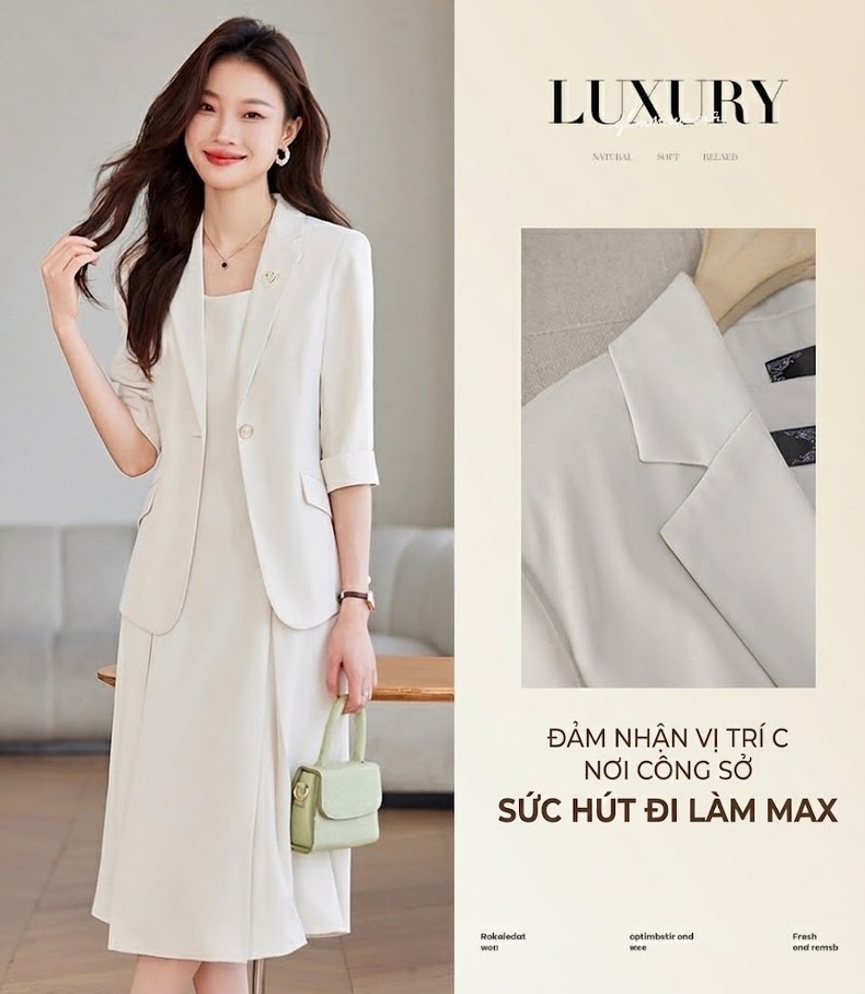 Váy Bộ Vest Công Sở Nữ Tay Lỡ Thanh Lịch Màu Đen, Trắng, Xanh chi tiết 3