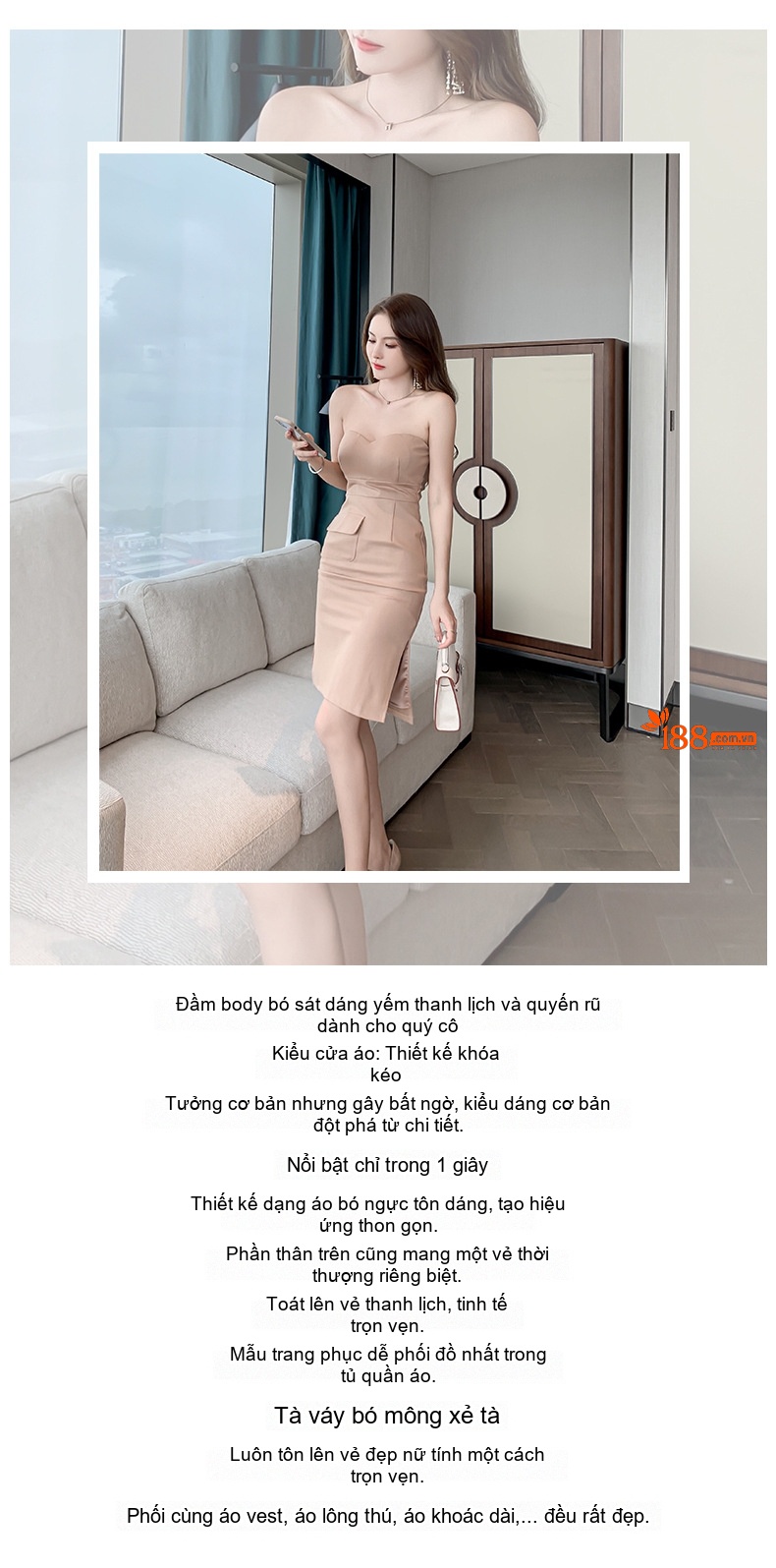 Váy Bodycon Hở Vai Nữ Tính Thanh Lịch Màu Be chi tiết 1