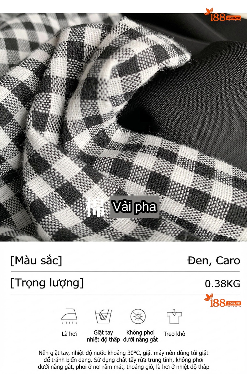 Váy Caro Nữ Cổ Ren Tay Bồng dáng chữ A Chiều Dài Trung Bình Màu Đen, Trắng chi tiết 8