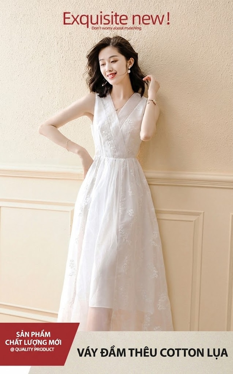 Váy Chữ A Không Tay Lưới Voan Họa Tiết Phong Cách Hepburn Màu Trắng chi tiết 1