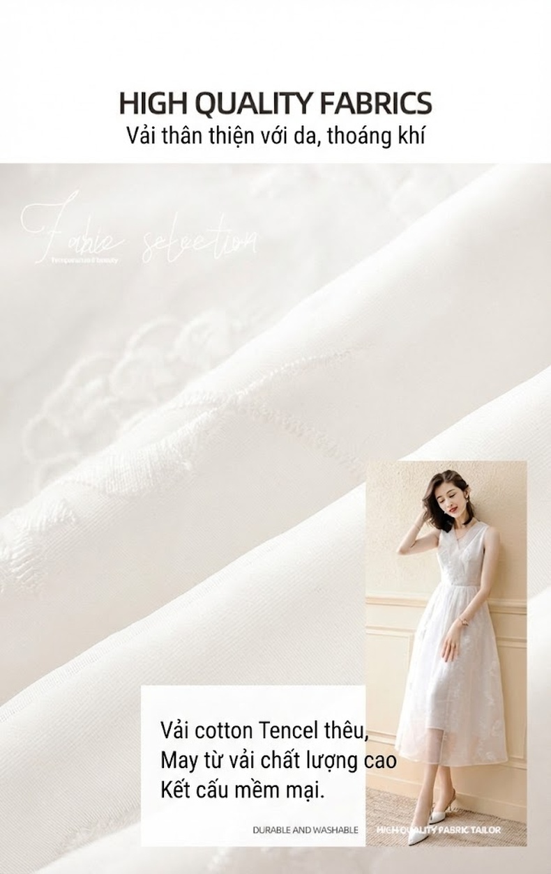 Váy Chữ A Không Tay Lưới Voan Họa Tiết Phong Cách Hepburn Màu Trắng chi tiết 7