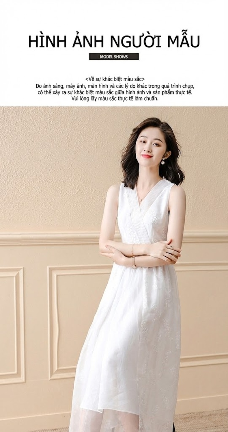 Váy Chữ A Không Tay Lưới Voan Họa Tiết Phong Cách Hepburn Màu Trắng chi tiết 8