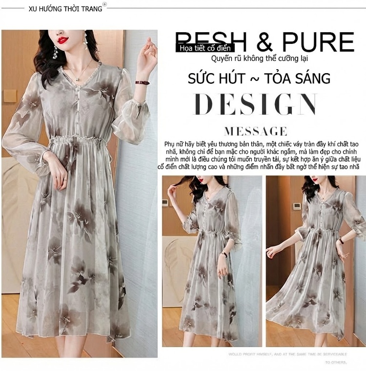 Váy Chữ A Nữ Lụa Tằm Tơ Thắt Eo Dáng Xòe Thanh Lịch Màu Trắng Kem, Nâu chi tiết 3