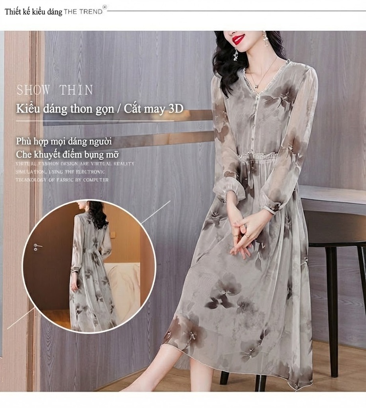 Váy Chữ A Nữ Lụa Tằm Tơ Thắt Eo Dáng Xòe Thanh Lịch Màu Trắng Kem, Nâu chi tiết 4