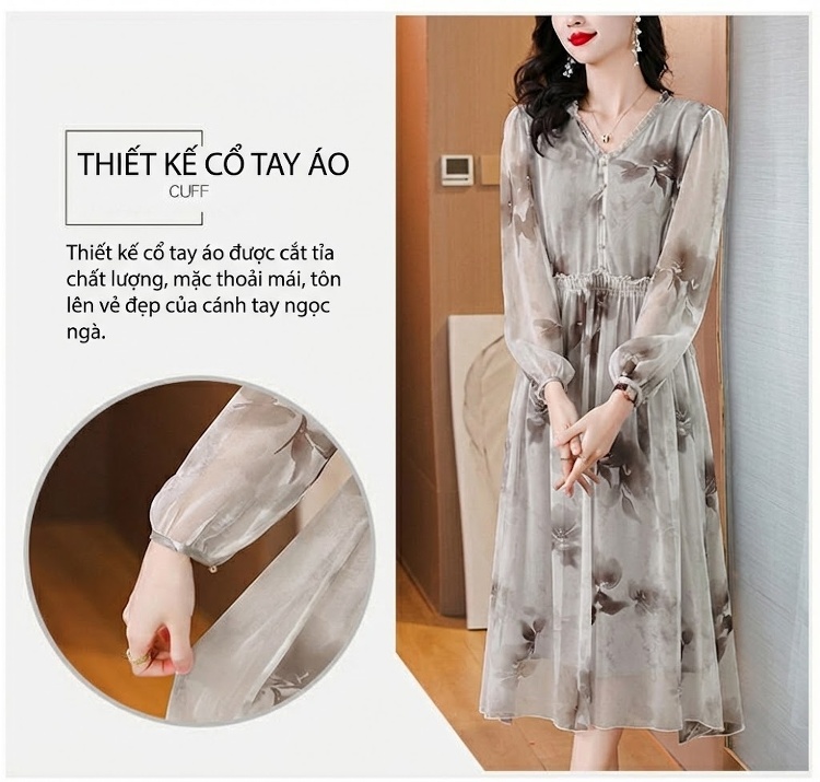 Váy Chữ A Nữ Lụa Tằm Tơ Thắt Eo Dáng Xòe Thanh Lịch Màu Trắng Kem, Nâu chi tiết 6