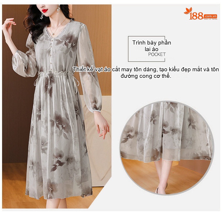 Váy Chữ A Nữ Lụa Tằm Tơ Thắt Eo Dáng Xòe Thanh Lịch Màu Trắng Kem, Nâu chi tiết 7