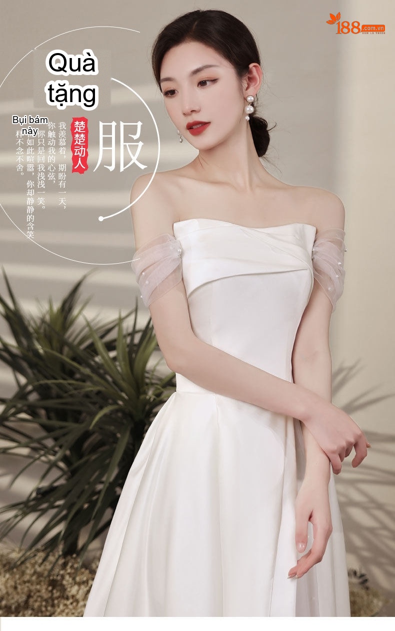 Váy Cưới Dáng Dài Nữ Sợi Satin Hở Vai Phong Cách Pháp Thanh Lịch Màu Trắng chi tiết 1