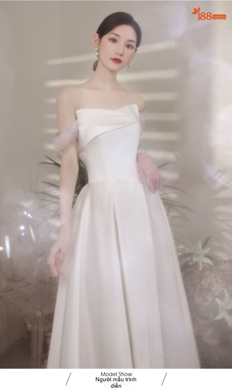 Váy Cưới Dáng Dài Nữ Sợi Satin Hở Vai Phong Cách Pháp Thanh Lịch Màu Trắng chi tiết 4