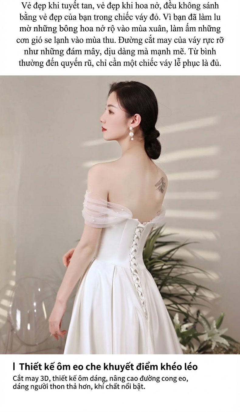 Váy Cưới Dáng Dài Nữ Sợi Satin Hở Vai Phong Cách Pháp Thanh Lịch Màu Trắng chi tiết 3