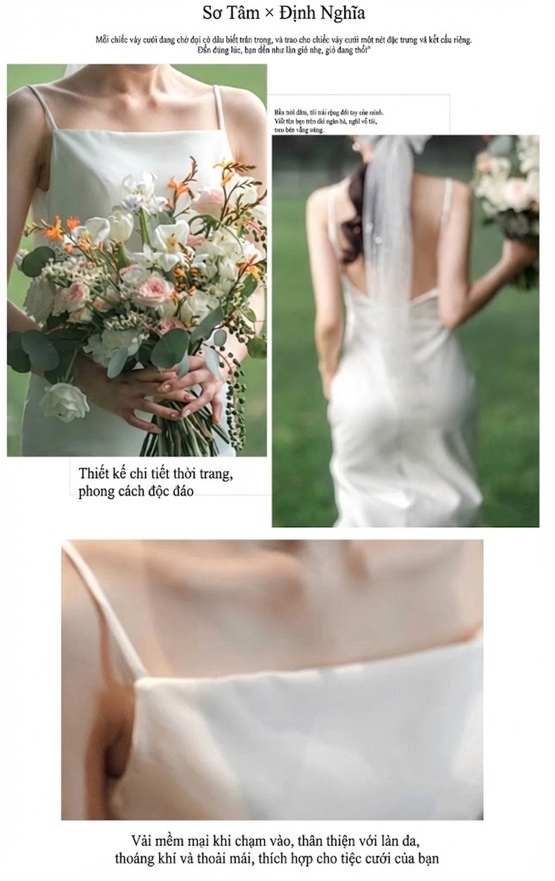 Váy Cưới Dây Rút Hở Lưng Chất Liệu Satin Phong Cách Bohemian Màu Trắng chi tiết 4