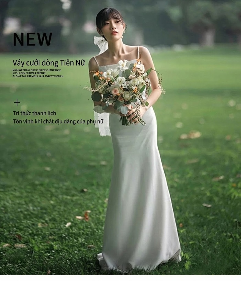 Váy Cưới Dây Rút Hở Lưng Chất Liệu Satin Phong Cách Bohemian Màu Trắng chi tiết 1