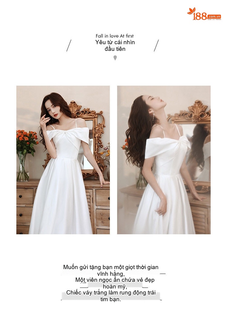 Váy Cưới Lụa Satin Pháp, Đầm Dự Tiệc, Đầm Dáng Dài Hở Vai Màu Trắng chi tiết 2