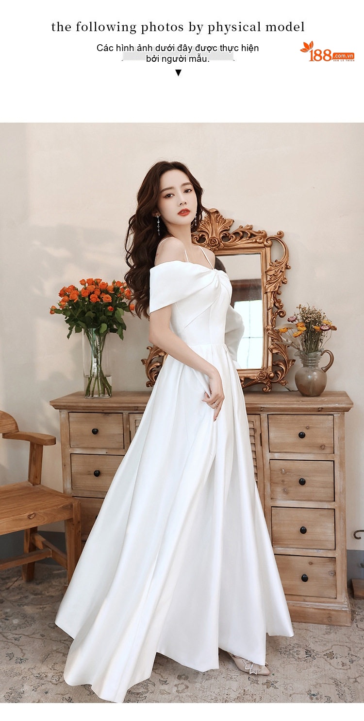 Váy Cưới Lụa Satin Pháp, Đầm Dự Tiệc, Đầm Dáng Dài Hở Vai Màu Trắng chi tiết 4