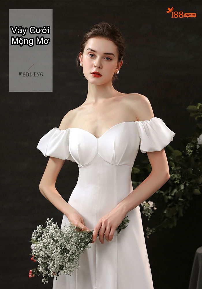 Váy Cưới Mini Hở Vai Tay Bồng dáng chữ A Chất Liệu Satin Màu Trắng chi tiết 1