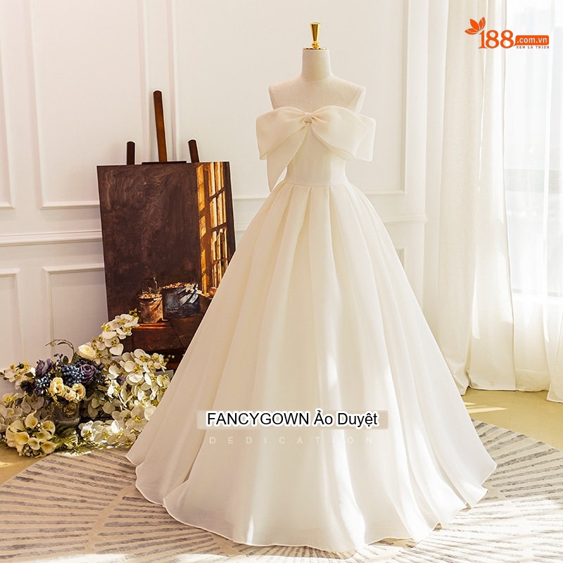Váy Cưới Ngắn Hở Vai Lụa Satin Nơ Bướm Dự Tiệc Tối Cho Nữ Màu Trắng