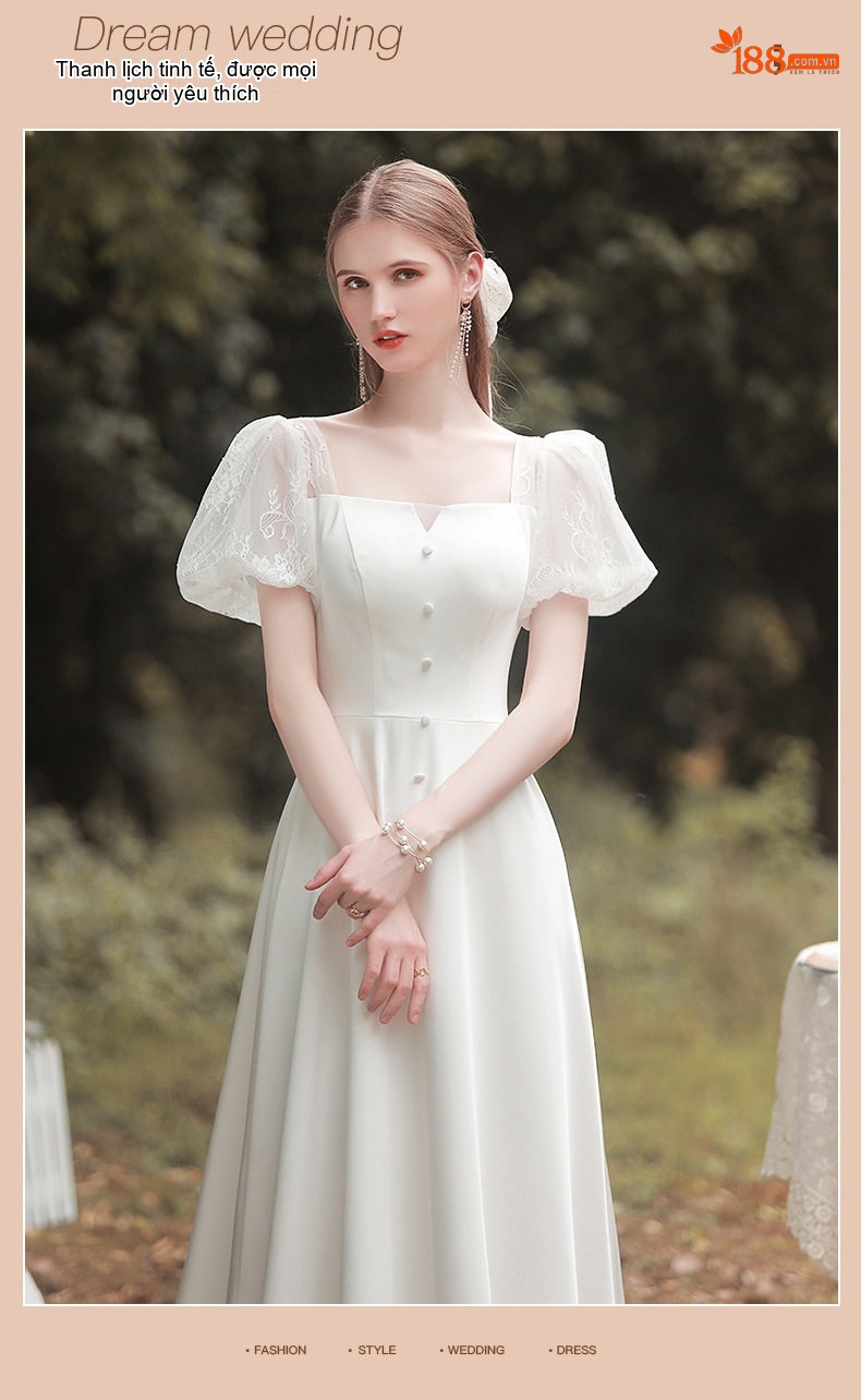 Váy Cưới Ngắn Phong Cách Pháp dáng chữ A Chất Liệu Satin Tay Bồng Phù Hợp Chụp Ảnh Cưới Màu Trắng chi tiết 1